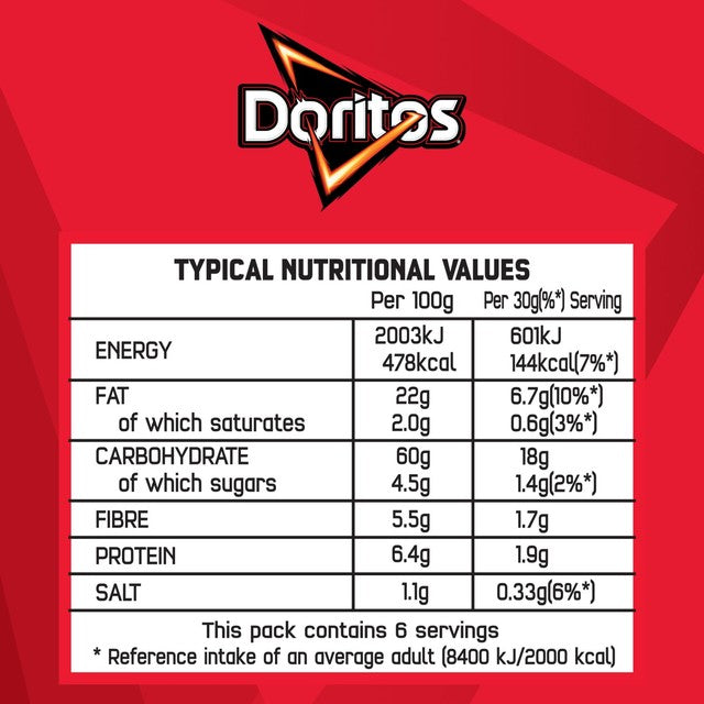 Doritos Chilli Heatwave tortilla chips 180g, imported from the UK