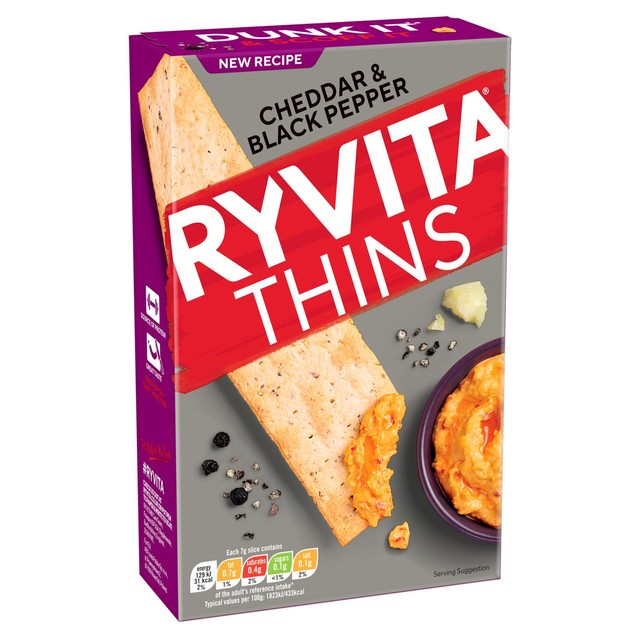 Ryvita Thins Cheddar & Black Pepper flatbread crackers 125g, imported from the UK