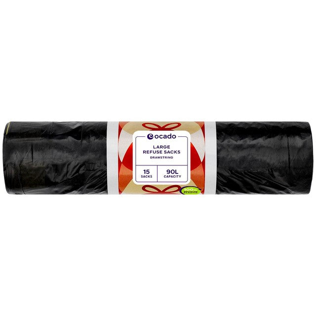 Ocado Large Black Drawstring Refuse Sacks 90L, imported from the UK