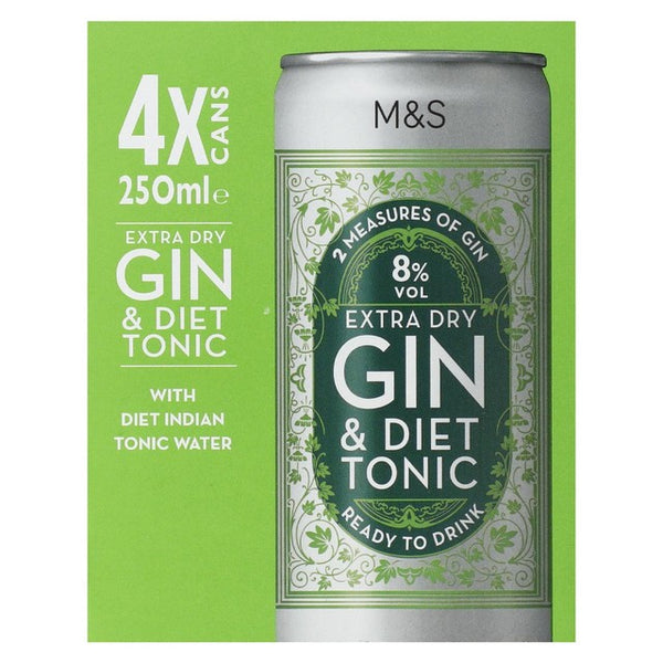 M&S Extra Dry Gin & Diet Tonic Water Drikkeklar Alkoholmikser 4 x 250 ml
