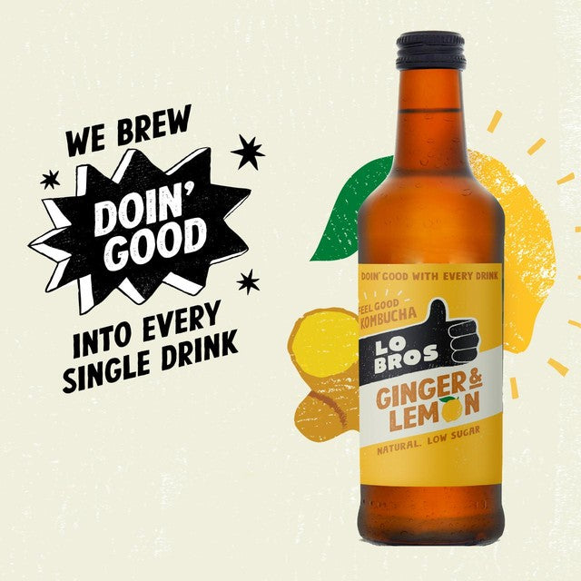 Lo Bros ginger and lemon low sugar kombucha drink 330ml, UK version