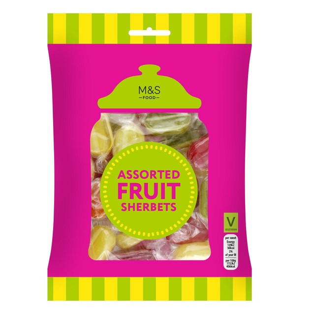 M&S Assorted Fruit Sherbet Sweets 225g, imported from the UK