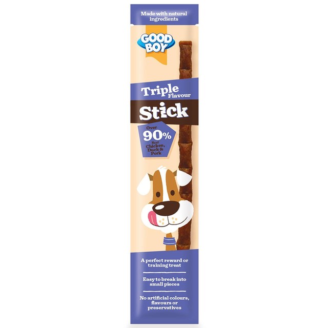 Good Boy triple flavour dog treat stick, imported from the UK