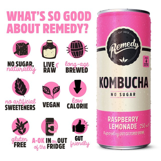 Remedy Kombucha Raspberry Lemonade 4 x 330ml, imported from the UK