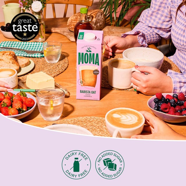 Moma unsweetened barista oat drink in a 1-liter carton, imported from the UK