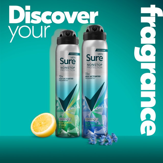 Sure Men antiperspirant deodorant spray Menthol & Blue Lavender, imported from the UK