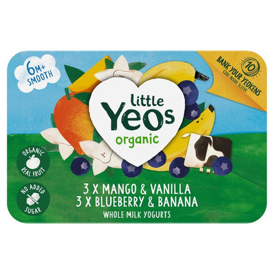 M&S Yeo Valley Little Yeos No Added Sugar Mango & Vanilla, Blueberry & Banana Organic Baby Yogurt Pots 6 x 42g- Buy online at McGrocer