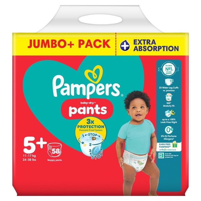 Pampers Baby-Dry extra absorption nappy pants size 5+, imported from the UK