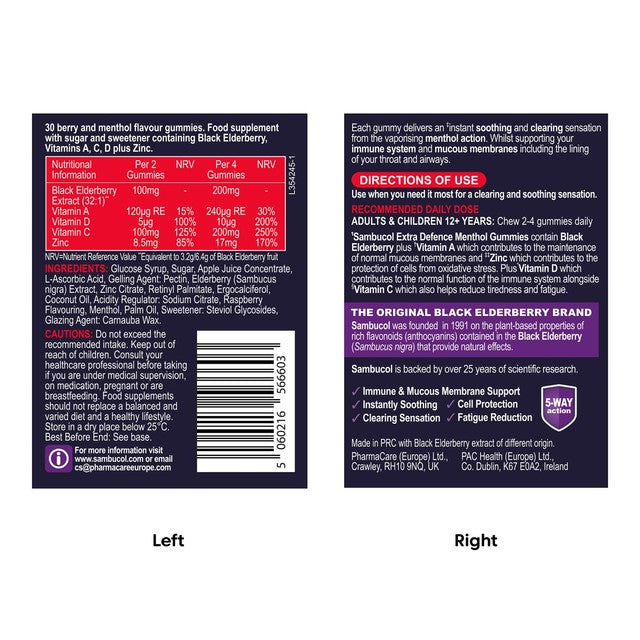Sambucol berry and menthol flavour gummies 30 gummies (British brand)