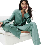 M&S women's cotton modal revere pyjama set in green, size L, imported from the UK