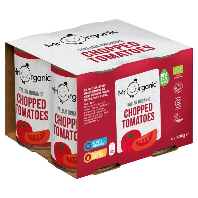 Mr Organic Italian chopped tomatoes 4 x 400g, imported from the UK