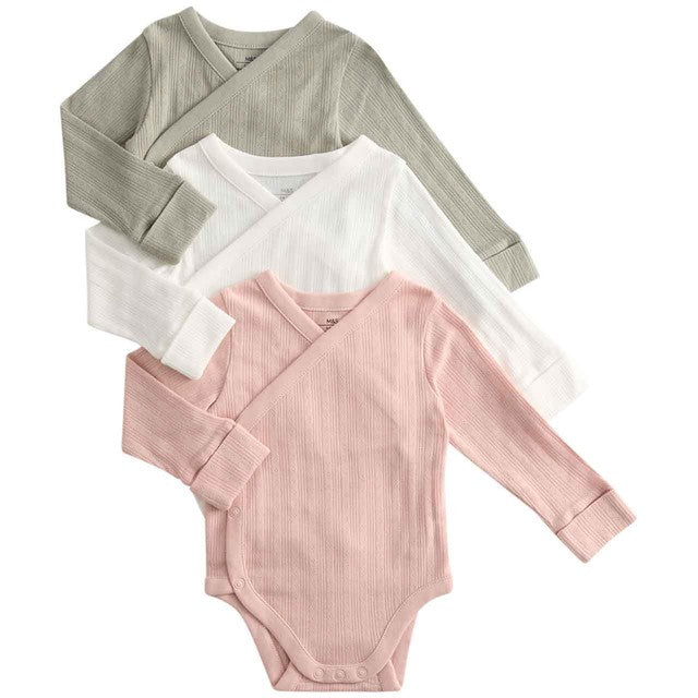 M&S girls pure cotton wrap bodysuits in khaki, size 9-12 months, 3-pack, imported from the UK