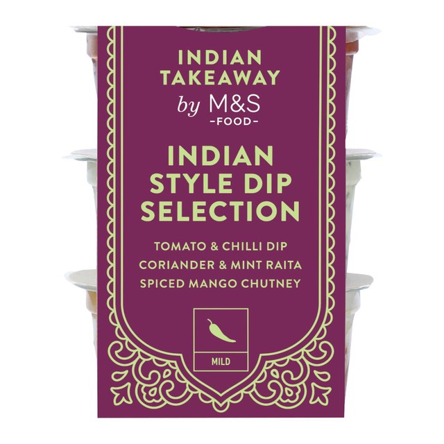 M&S Indian dip selection with tomato chilli, coriander mint, and mango chutney 3 x 50g, imported from the UK