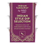 M&S Indian dip selection with tomato chilli, coriander mint, and mango chutney 3 x 50g, imported from the UK