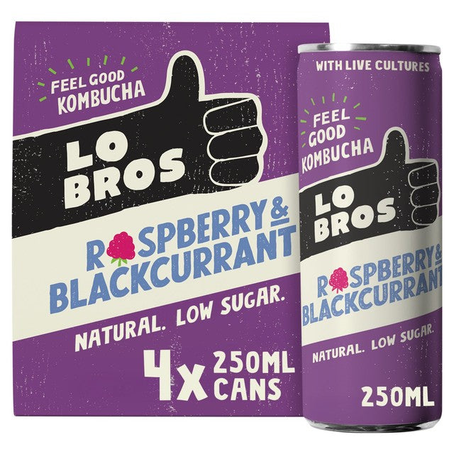 Lo Bros raspberry and blackcurrant kombucha 4x250ml multipack, UK version