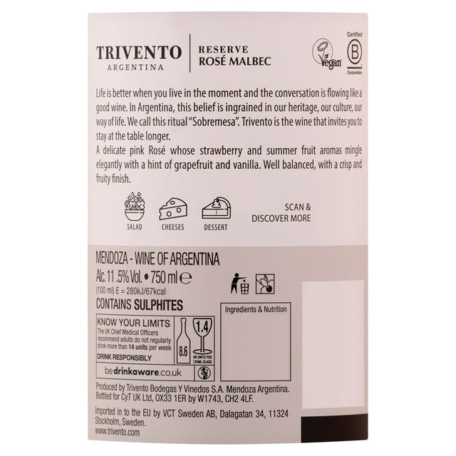 Trivento Reserve Malbec Rosé 75cl (British brand)