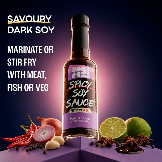 Mei Mei spicy soy stir fry sauce, imported from the UK
