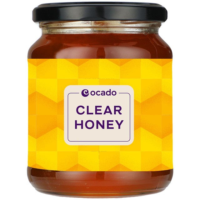 Ocado clear liquid honey jar 454g, imported from the UK.