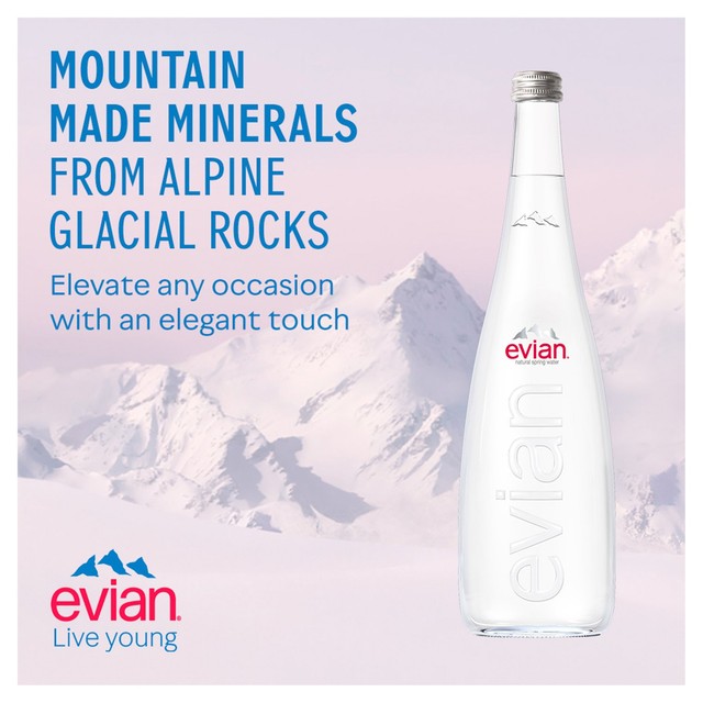 Evian still mineral water 750ml glass bottle - British product