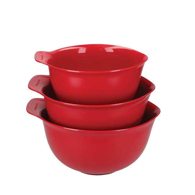 KitchenAid mixing bowl set in red with 2.4L, 3.3L, and 4.3L capacities, UK version