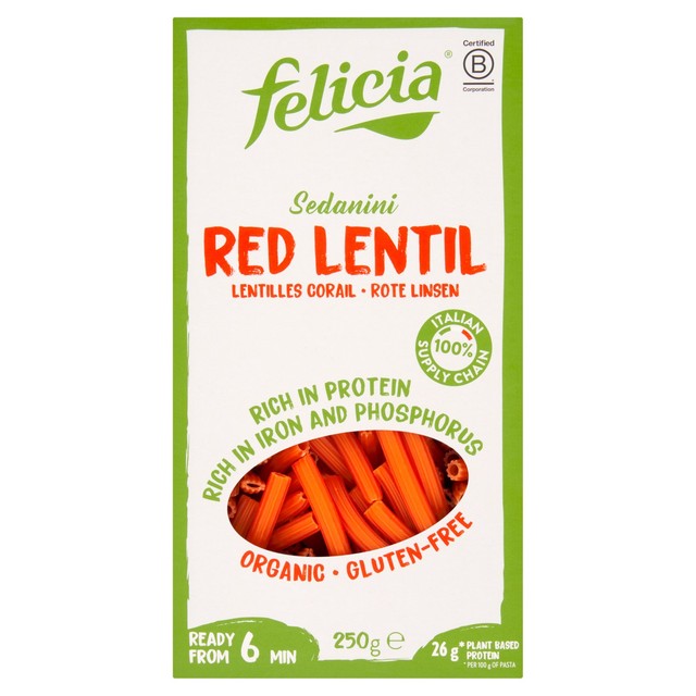 Felicia gluten-free organic red lentil sedanini pasta 250g - British product