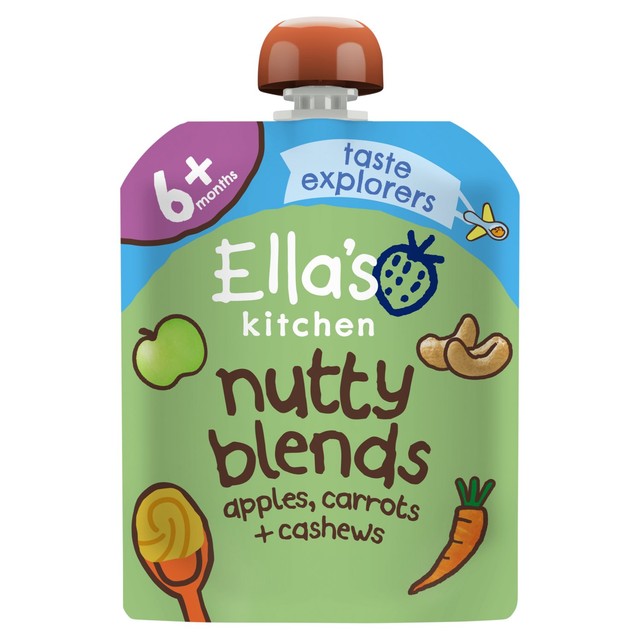 Ella's Kitchen Nutty Blends baby food pouch apples carrots cashews, imported from the UK