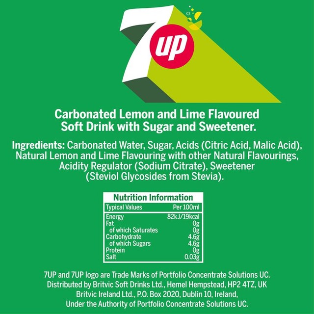 7up Regular Lemon and Lime soft drink 330ml Pack (British brand)