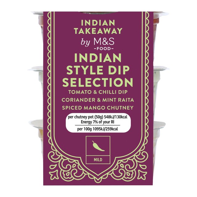 M&S Indian dip selection with tomato chilli, coriander mint, and mango chutney 3 x 50g, imported from the UK