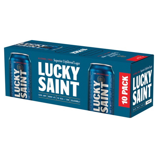 Lucky Saint non-alcoholic lager packaging, imported from the UK