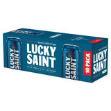 Lucky Saint non-alcoholic lager packaging, imported from the UK