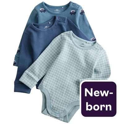 M&S Baby 3pk Pure Cotton Car Long Sleeve Bodysuits Newborn Navy