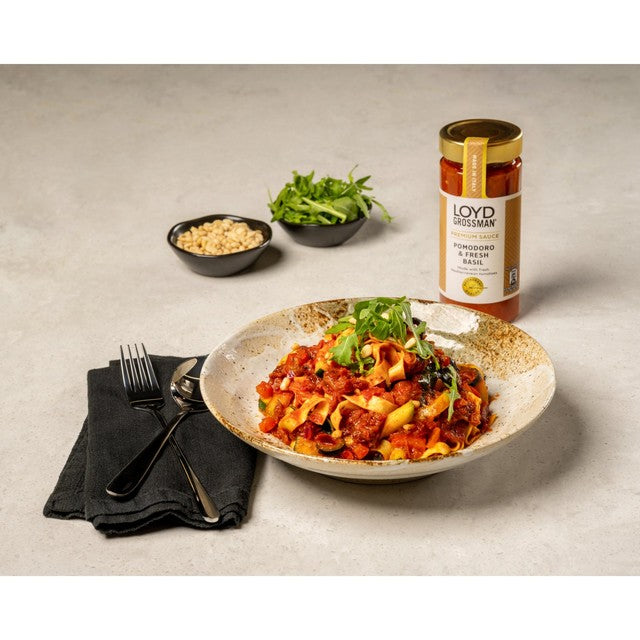 Loyd Grossman Pomodoro & Fresh Basil pasta sauce jar, imported from the UK