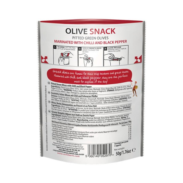 Mr Filbert's green olives with chilli and black pepper 50g, imported from the UK