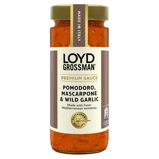 Loyd Grossman pomodoro mascarpone wild garlic pasta sauce jar - British product