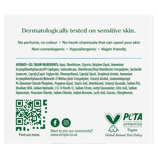 Simple Hydrate+ Gel Cream facial moisturiser 50ml (British brand)