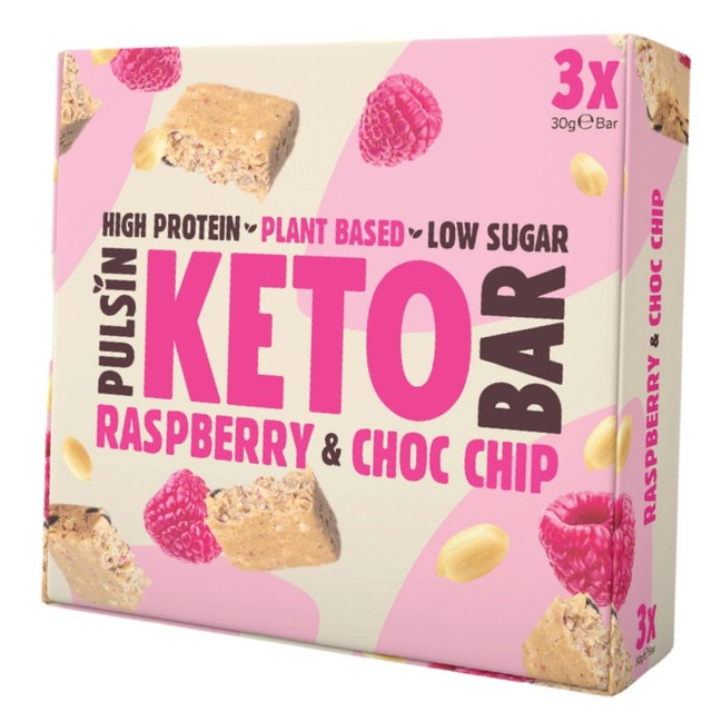 Pulsin keto raspberry & choc chip protein bars 3 x 30g, imported from the UK