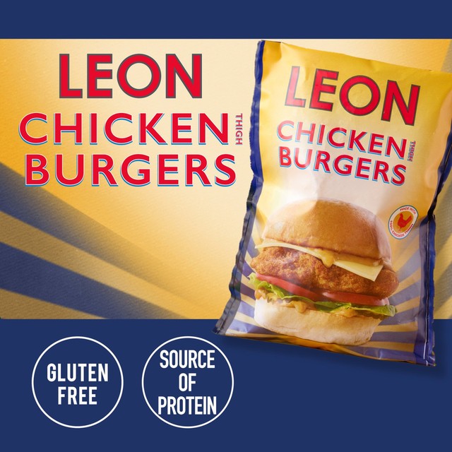 Leon gluten-free chicken thigh burgers 460g, UK version