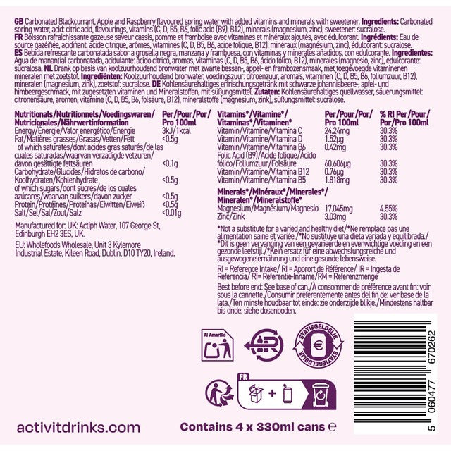 ACTIPH sparkling vitamin water blackcurrant and raspberry 4 x 330ml - British product