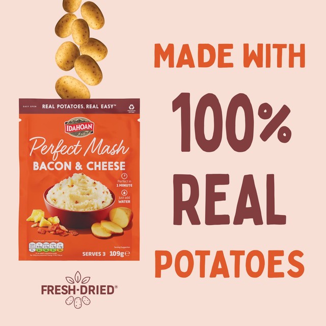 Idahoan cheese and bacon instant mash 109g, UK version