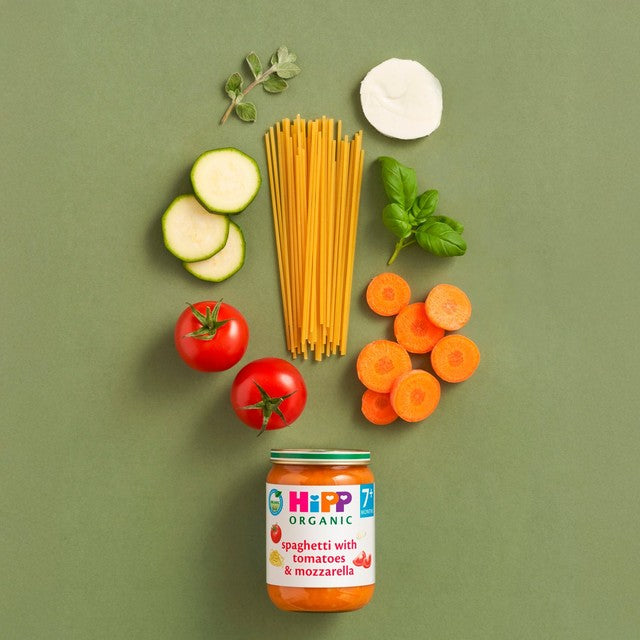 HiPP Organic spaghetti with tomatoes and mozzarella baby food jar 190g, UK version