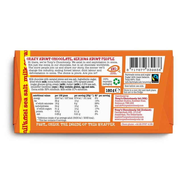 Tony's Chocolonely Milk Chocolate Caramel Sea Salt Bar 180g (British brand)