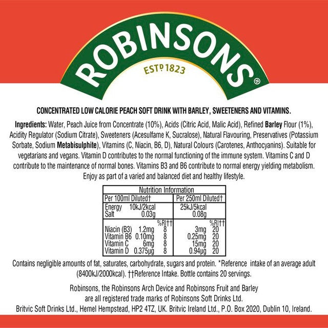 Robinsons peach barley squash no added sugar bottle, imported from the UK