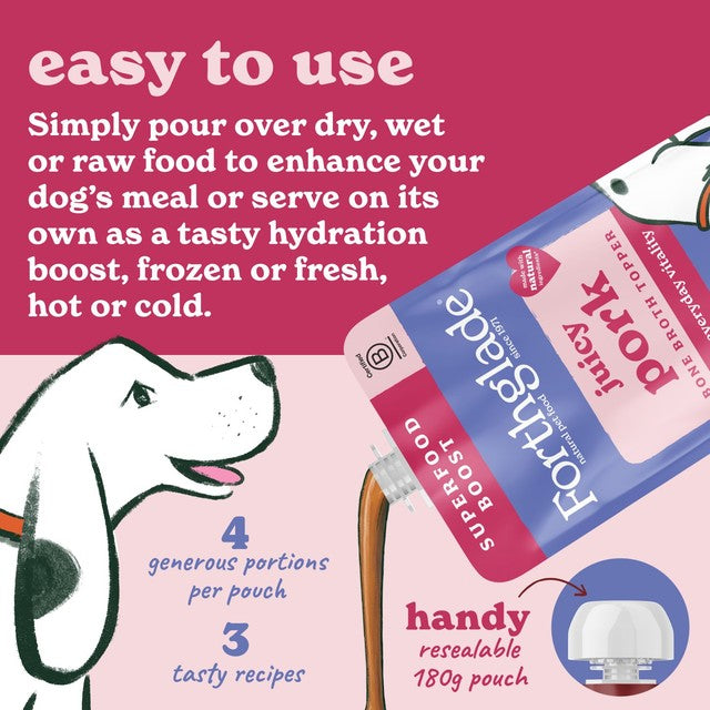 Forthglade bone broth topper for dogs, juicy pork (British brand)