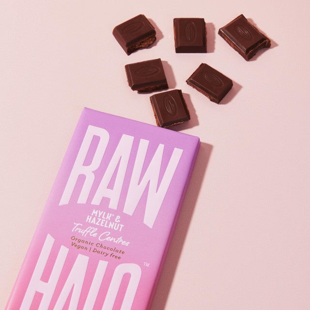 Raw Halo Mylk Hazelnut vegan chocolate bar 90g, imported from the UK