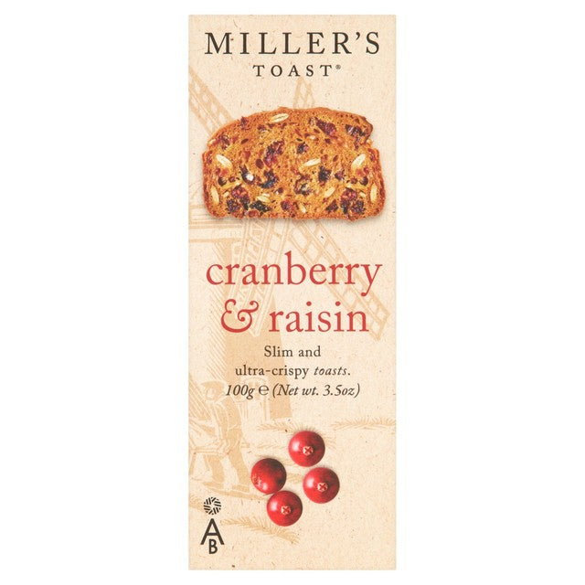 MILLER'S Toast Cranberry & Raisin crackers 100g, imported from the UK