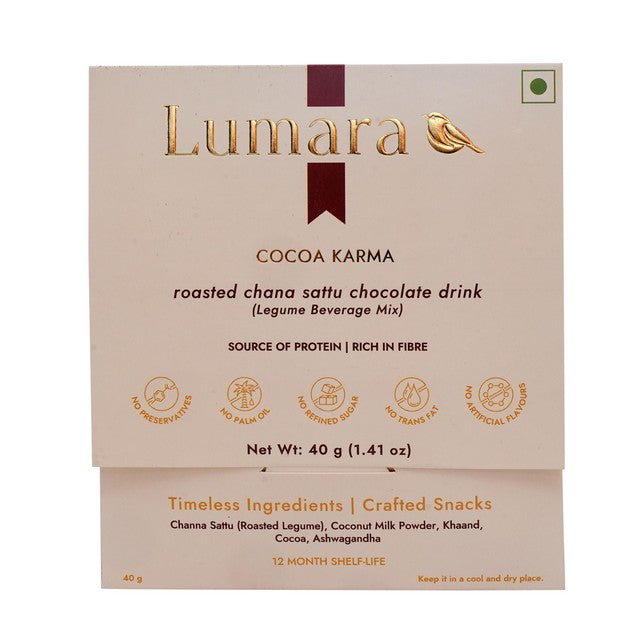 Lumara Cocoa Karma roasted chana sattu hot chocolate mix 40g, UK version
