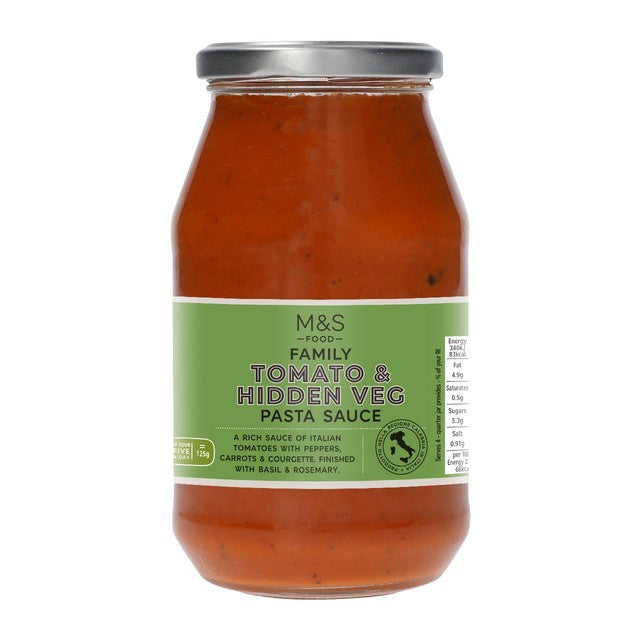M&S tomato and hidden vegetable pasta sauce 500g, imported from the UK