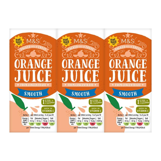 M&S smooth orange juice 6 x 200ml cartons, imported from the UK