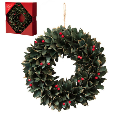 M&S Festive Green Leaf & Red Berries Wreath Christmas Decoration 30cm- Buy online at McGrocer