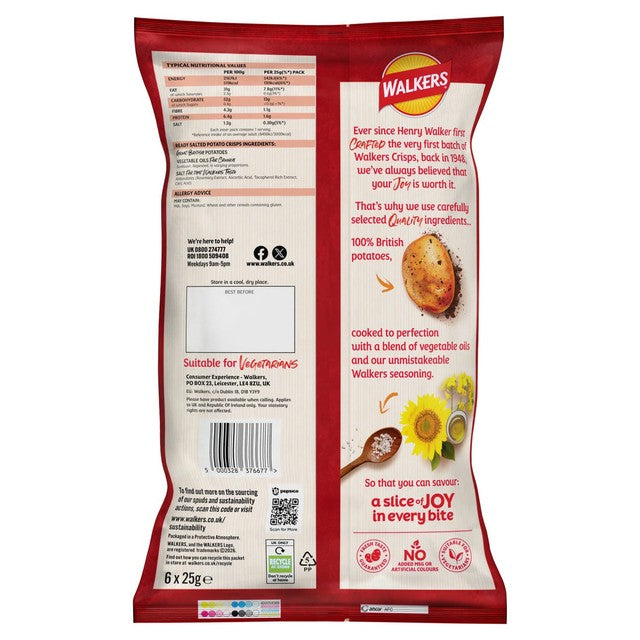 Walkers Ready Salted crisps 6 bags (British brand)